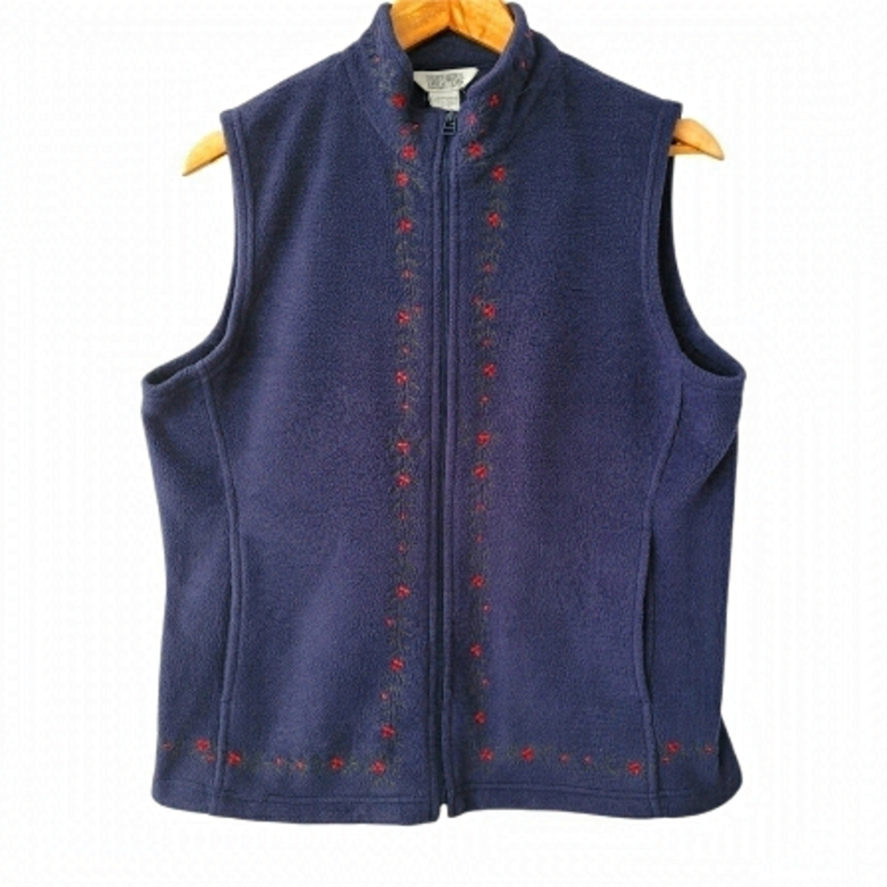 BLUE Fleece Zip Vest Embroidered Carolers Holly Berry Size L Northern Reflection